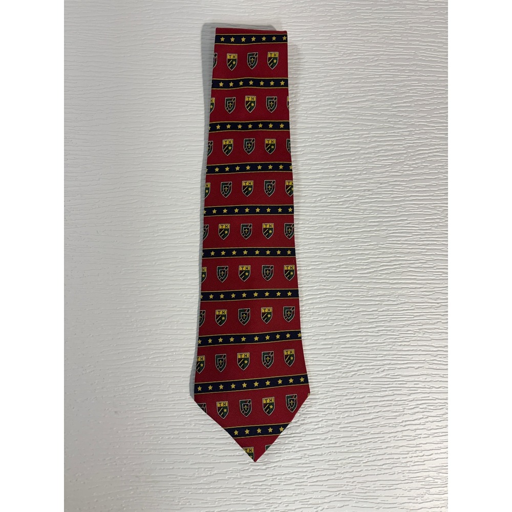 Tommy Hilfiger Mens Red Silk Crest Star Pattern Prep Heritage Necktie Tie MC0043